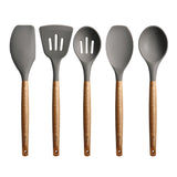 Miusco Non-Stick Silicone Kitchen Utensils Set with Natural Acacia Hard Wood Handle, 5 Pieces, Grey, BPA Free, Baking, Serving and Cooking Utensils