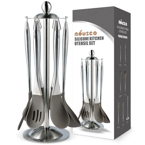 Miusco 304 18/8 Silicone and Stainless Steel Cooking Utensil Set with Rotating Organizer