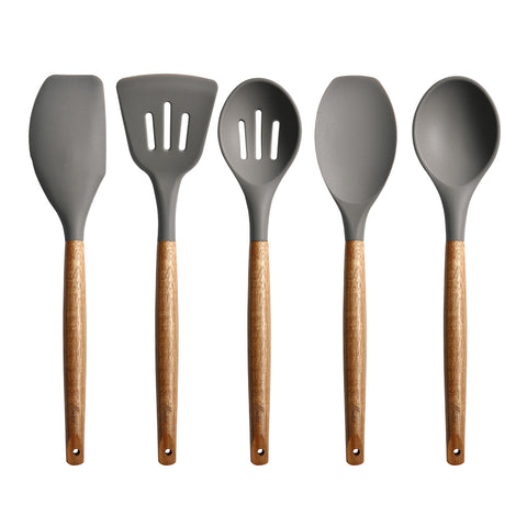 Miusco Non-Stick Silicone Kitchen Utensils Set with Natural Acacia Hard Wood Handle, 5 Pieces, Grey, BPA Free, Baking, Serving and Cooking Utensils